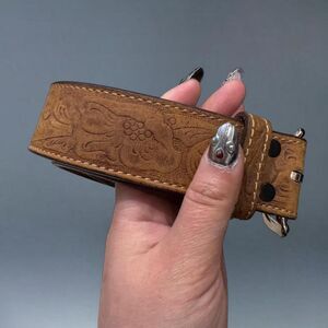 Wrangler Western Tooled Genuine Leather Belt Brown Floral Silver Buckle Size 40